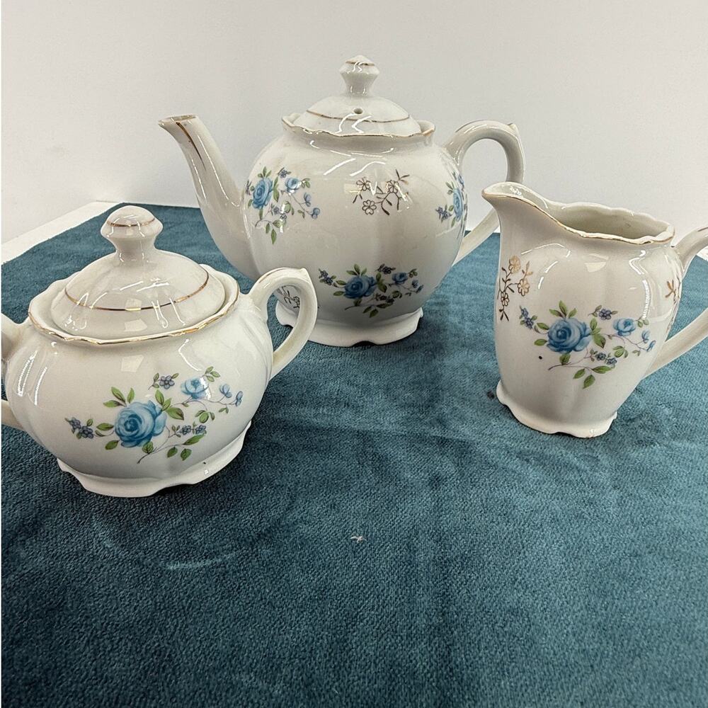 Vintage Japan Blue Rose Floral Tea Set Teapot Sugar Creamer Gold Trim Cottage